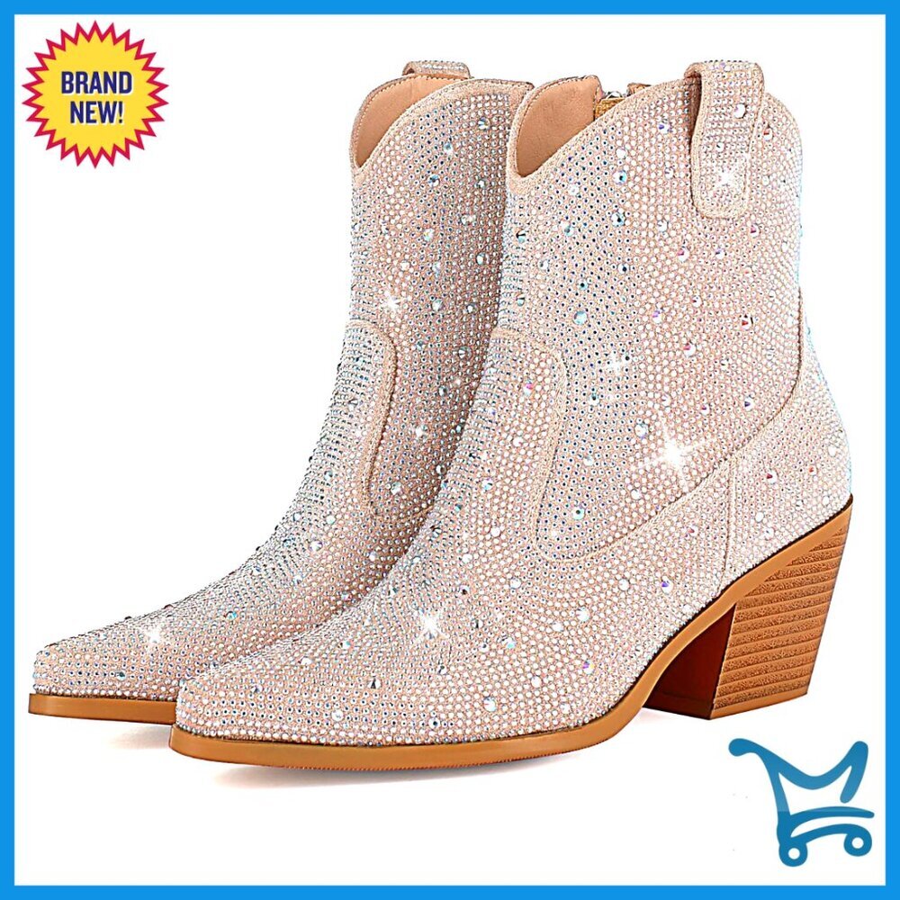 Women's Rhinestone Cowboy Boots Chunky Heel Sparkly Ankle Boots
